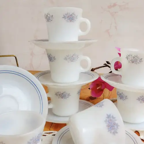 Duos de Café de Vidrio Opalino Fire King Bouquet Lila Año 60 EEUU - Image 3