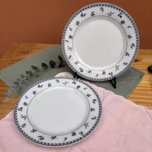 Plato Postre Blanco Borde Hojas y Flores Azules