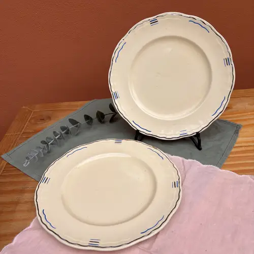 Plato Postre Alfred Meakin Inglés Crema Borde Azul y Plateado