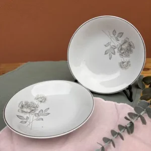 Compotera de Semi Porcelana Baviera Rosa Gris Y Virola Plateada