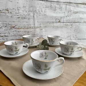 Duos de Café Vintage de Loza Bavaria con Flores Lila (90cc) - Lote de 5 duos