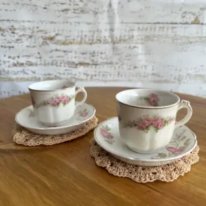 Duo de Café Vintage Inglés de Loza con Rosas y Esmalte Craquelado (90cc) - Lote de 2 duos