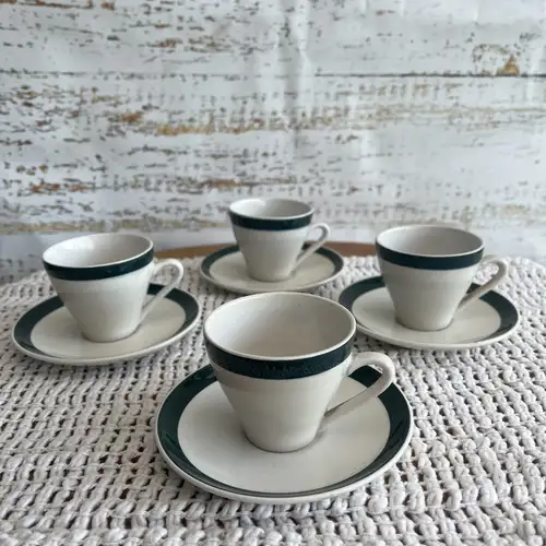Duo de Café Vintage de Loza Manchester con Banda Verde Inglesa (90cc) - Lote de 4 duos