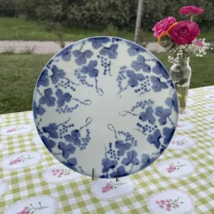 Plato Playo Vintage de Porcelana Motivo Vides y Hojas Azules (22 cm)