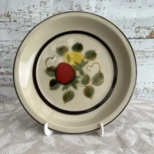 Plato de Postre Vintage de Cerámica con Motivo de Frutas y Ribete Marrón (19 cm)