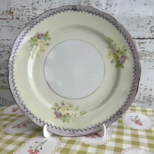 Plato de Postre Vintage de Porcelana con Ribete Zigzag Rosa y Ramos Florales (21 cm)